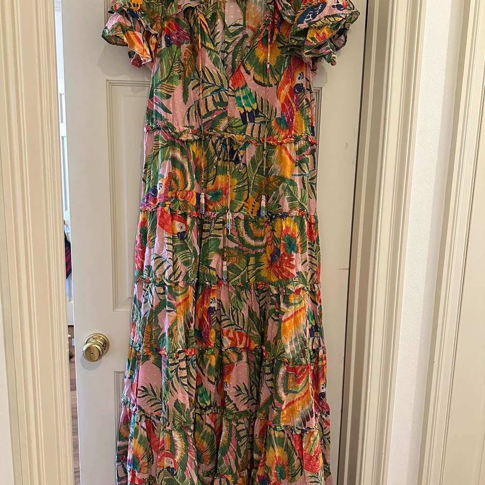 Farm Rio Macaw Leaves Flutter-Sleeve Tiered Maxi Dress